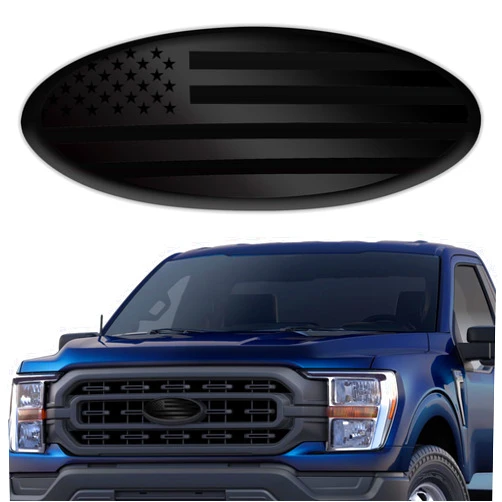 Hirificing Tailgate Emblem for Ford F150 F250 F350 Black American Flag 9 Inch Front Grill Emblem for Ford Emblem, Aluminum Oval Overlay Front Grill Rear Tailgate American Flag Decal Badge(Black)