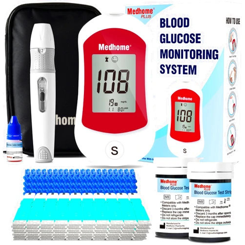 Medhome Blood Glucose Monitor Kit, 100 30G Lancets, Diabetes Testing with 100 Glucometer Strips,1 Lancing Device, 1 Blood Sugar Monitor with Control Solution, Large Memory Capacity, No Coding.