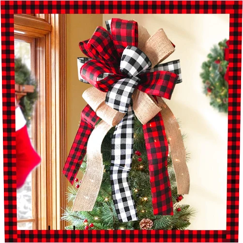 ORIENTAL CHERRY Christmas Tree Topper - Buffalo Plaid Red Black Burlap Decorative Bow - Rustic Farmhouse Xmas Decorations Home Decor - Handmade