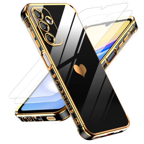 LeYi for Galaxy A15 5G Phone Case: with Tempered Glass Screen Protector [2 Pcs]+ Full Camera Lens Protection, Love Heart Plating Women Cute Luxury Soft TPU Shockproof Case for Samsung A15 5G, Black