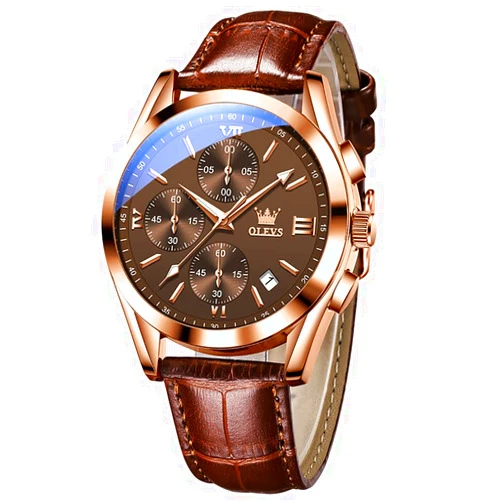 OLEVS Men's Casual Leather Watch, Big Face Chronograph Watch for Men, Fashion Easy to Read Dress Watch, Men's Waterproof Luminous Date Analog Watch, Gold/Black/White/Blue Dial
