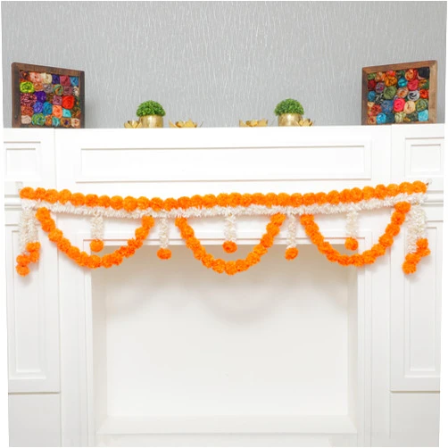 Desi Favors 5 Ft Orange & White Flower Toran | Door Hanging Toran | Indian Housewarming | Atificial Flower Garland for Pooja Mandir, Door, Diwali Decoration Toran | Decor Marigold Thorans | Bandhanwar (Pack of 1)