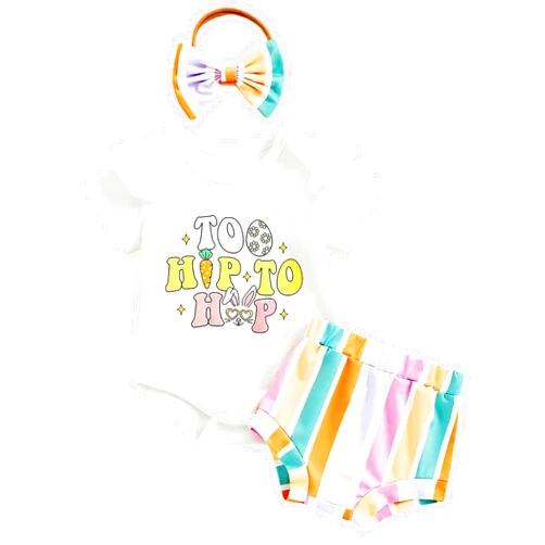 SAYOO Newborn Baby Girl Easter Outfit Ribbed Letter Romper Bodysuit+Elastic Waist Shorts+Hairband 3Pcs Bunny Clothes Set
