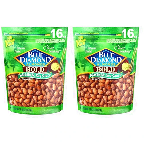 Blue Diamond Almonds Wasabi & Soy Sauce Flavored Snack Nuts, 16 Oz Resealable Bag (Pack of 2)