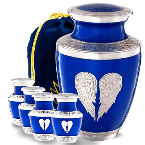 Olivia Memorials Large Blue Urn Angel Wings - with 4 Small Keepsakes