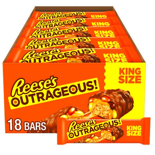 REESE'S OUTRAGEOUS! Peanut Butter, Caramel and PIECES King Size, Candy Bars, 2.95 oz (18 Count)