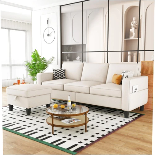 ZeeFu Sectional Sofa Couch for Living Room - 78'' Beige Linen 3 Seat L-Shaped Sectional Sofa Couches with Storage Ottoman - Modern Upholstered Sofa Couches Set for Small Space Apartment Office Bedroom