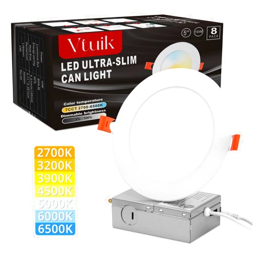 Vtuik 8 Pack 5 inch 10W LED Can Light Retrofit with Junction Box, 850lm/CRI85 Ultra Thin LED recessed Lighting 7CCT 2700K-6500K with a Simple Switch IC Rated, ETL Listed
