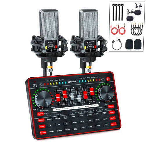 Tenlamp Audio Mixer with Sound Card, tenlamp Two 3.5mm Studio Condenser Microphone and G3 Audio interface, Sound Board Voice Changer, Podcast Equipment Bundle for PC Recording Gaming Live Streaming Podcast