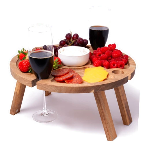 XGLJEP Portable Wine Picnic Table with 4 Wine Glasses Holder, Acacia Natural Wood Foldable Champagne Picnic Snack Table Tray, Perfect for Beach, Camping, Park, Concerts - Ideal Wine Gift for Men & Women