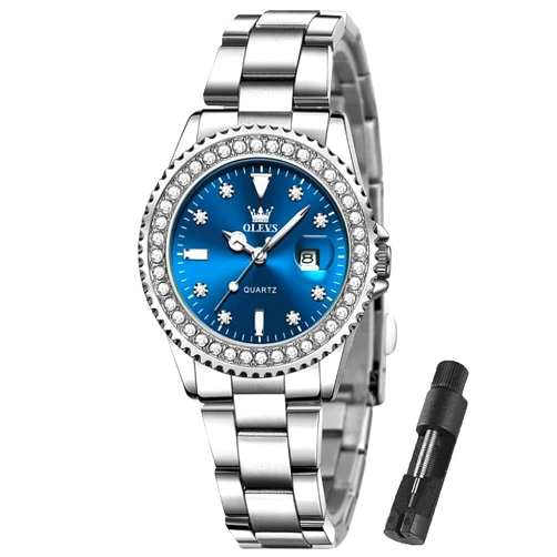 OLEVS Watches for Women Diamond with Date Luxury Leather Female Waterproof Women Wrist Watch Analog Dress Stainless Steel Ladies Watch Luminous Calendar Women Watch Green/Silver/Red Dial