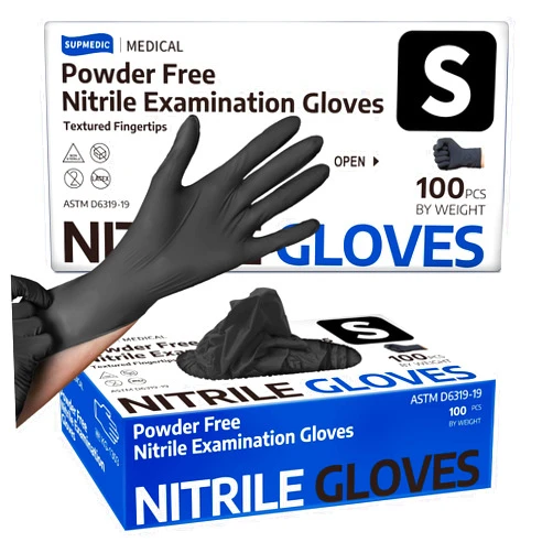Supmedic Disposable Nitrile Gloves, Chemical Resistant, Powder-Free Latex-Free, Food Safe, Medical Exam Gloves, Black 100 Pcs