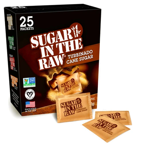 IN THE RAW Sugar In The Raw Turbinado Cane Sugar Packets, 25 Ct, Pure, All-Natural Turbinado Sugar, Non-GMO Project Verified, Kosher, Vegan and Gluten Free