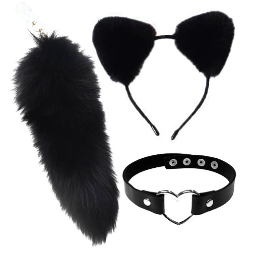 Forssils Cat Fox Ears and Tail Set Wolf Animal Tail Cosplay Costume Halloween Leather Neck Chocker Set （Ear Chocker Set-Black）