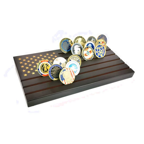 Aomcisi 6 Rows Coin Holder, American Flag Wood Stand US Military Challenge Coin Display Case - Holds 42-46 Coins