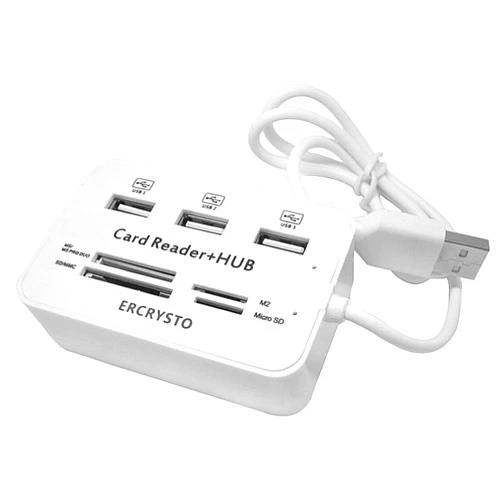 ERCRYSTO Card Reader and 3 Ports USB Hub, High Speed External Memory Card Reader (MS, Micro SD,SD/MMC,M2,TF Card), White.
