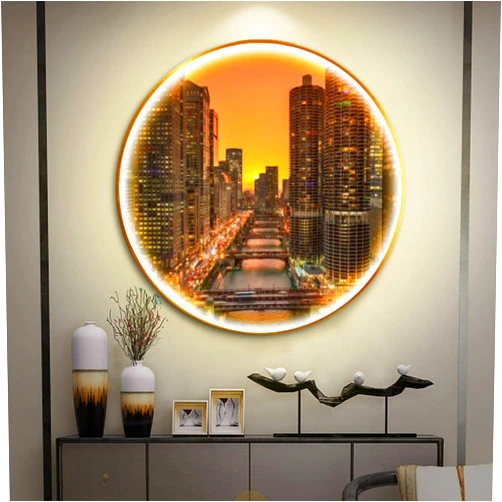 SRIGAELELU Modern LED Wall Sconce Lighting Chicago Cityscape and Bridges Over The River at Night Canvas Print Plug in Wall Lamp Decor Wall Lights for Bedroom Living Room Background