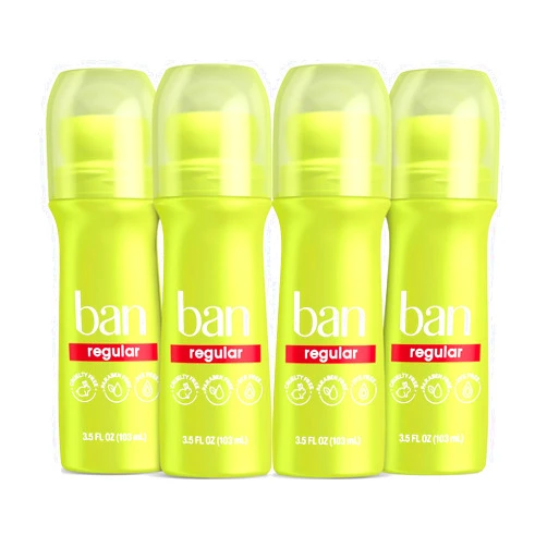Ban Invisible Roll-on Antiperspirant Deodorant for Women and Men, 24-hour Underarm Odor & Sweat Protection, Regular Scent, 3.5 Oz, Pack of 4