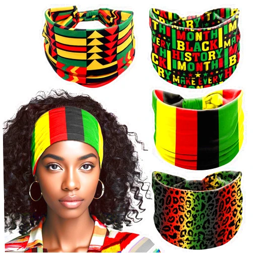 HIFANMM 4pcs Juneteenth Headband for Women Satin Wide Stretch Head Wrap, African American Pride Elastic Hair Band for Natural Hair, Braids, Locs, Black Red Green Yellow Heritage Print
