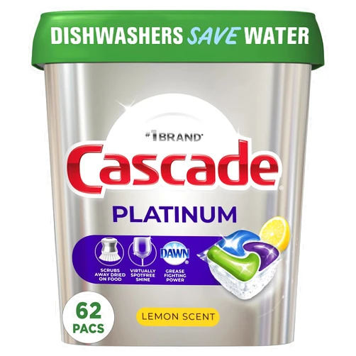 Cascade Platinum Dishwasher Pods, Dishwasher Detergent, Dishwasher Soap, Actionpacs, Lemon, 62 Count