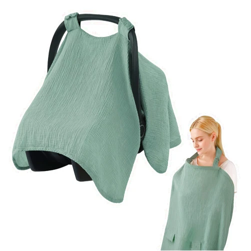 Blissful Diary 2-in-1 Muslin Baby Car Seat Cover, Multi-use Nursing Cover for Breastfeeding, Breathable Infant Car Seat Cover Canopy - Roman Green