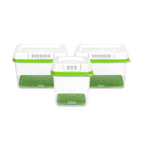 Rubbermaid 3-Piece Produce Saver Containers for Refrigerator with Lids for Food Storage, Dishwasher Safe, Clear/Green