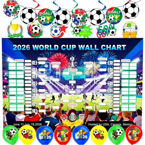 DUMPOP World Football Tournament Cup 48x32 Inch 2026 Vibrant Soccer Festival Schedule Poster with String Flag Banner and Balloon Set for Party Decorations, Home, Office & Bar Decor