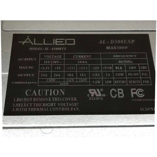 Allied 500W Atx12V Low-Noise 120Mm Fan 24Pin & 8Pin 3Xide 4Xsata 2Xpcie 1X Floppy, Model Al-D500Exp Retail-by-Allied