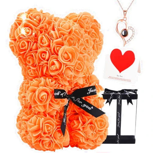 VIOFLUENT Artificial Rose Teddy Bear with Heart Necklace - Anniversary, Birthday, Thanksgiving, for Her with Elegant Gift Box (Orange)
