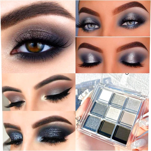 AMY'S DIARY Black Smokey Silver Glitter Shimmer Eye Eyeshadow Makeup Palette,9 Colors Cool Toned Matte Glitter Make Up Black Radiance Eyeshadow Palette Sombras De Ojos Profesional(A)