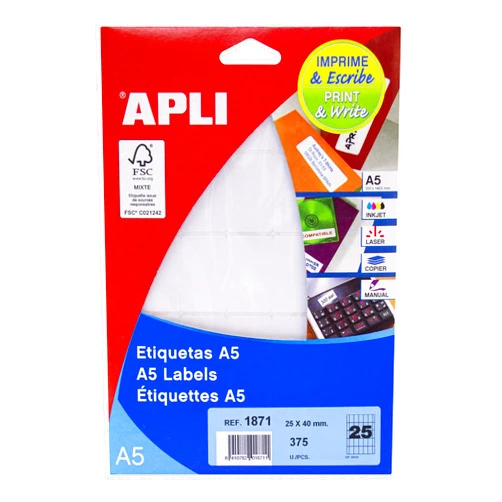 APLI 71y18 White Printable Labels 25 x 40 mm White