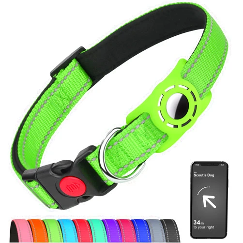 Erbine Airtag Dog Collar for Small Dogs, Reflective Dog Collars with AirTag Holder, Soft Padded & Safety Locking Buckle, Nylon Pet Collar Adjustable for All Breeds,Green