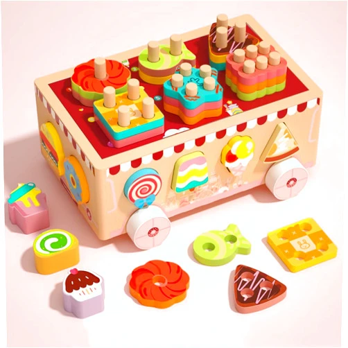 Lexza Montessori Wooden Ice Cream Dessert Cart, Shape Sorting Toys for Boys and Girls 1-3 Years Old，One Year Old Girl Birthday Gifts，Early Childhood Education Fine Motor Skills Development