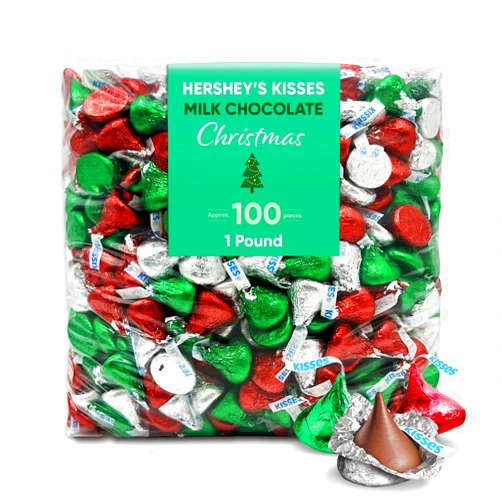 CHAIN & JO SWEETS Kisses Holiday Milk Chocolate Candy 1 Pounds approx 100 pieces - Individually Wrapped Candy in Festive Red, Green & Silver Foils - Perfect as Stocking Stuffers and Party Favors at Christmas