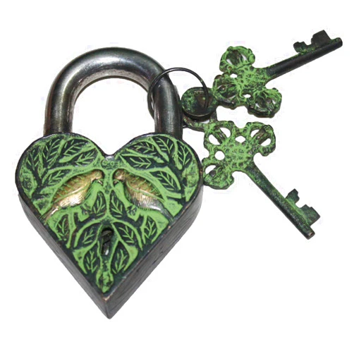 Maithil Art Antique Reproduction Heart Padlock with 2 Skeleton Keys Two Love Bird Engraved