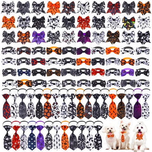 Reginary 100 Pieces Dog Bow Tie Collar Set Include 40 Dog Neckties, and 30 Puppy Bow Tie, 30 Collar Flowers, Adjustable Dog Bows Grooming for Small Medium Dogs Supply (Black and White)