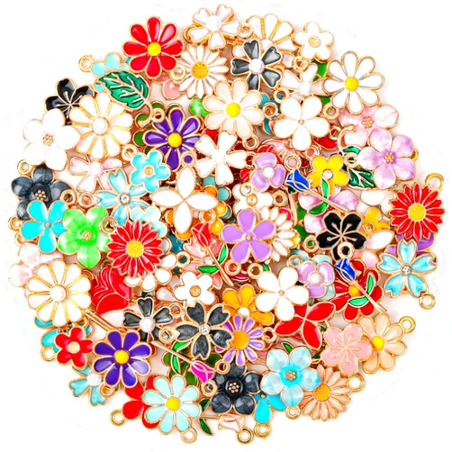 Acejoz 100Pcs 50 Pairs Flower Charms for Jewelry Making, Assorted Jewelry Enamel Charms, Wholesale Mixed Bulk Metal Earring Charms for DIY Necklace Bracelet Earring Jewelry Making and Crafting