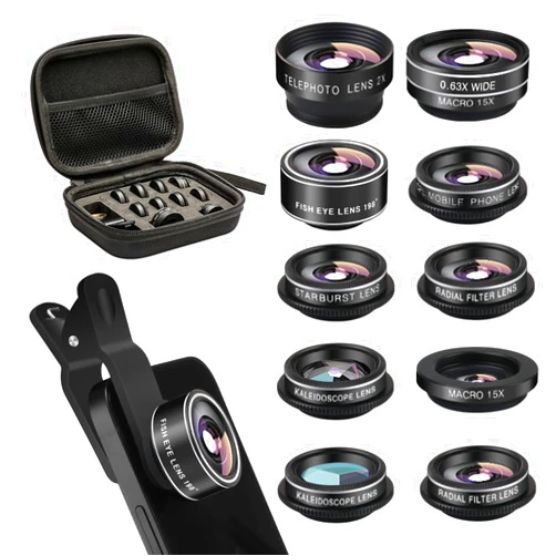Godefa Cell Phone Camera Lens Kit,11 in 1 Super Wide Angle+ Macro+ Fisheye Lens +Telephoto+ CPL+3/6 Kaleidoscope+Starburst/Radial/Soft/Flow Filter Lens Compatible for iPhone X/8/7/6s/6 Plus, Samsung,Android