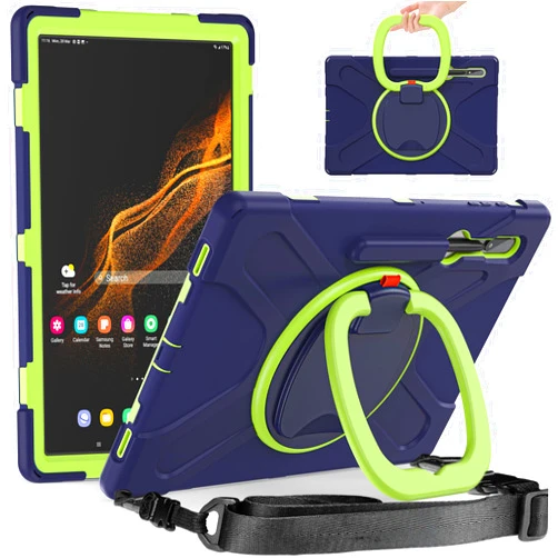 PboyiqiS Heavy Duty Case for Galaxy Tab S9/S9 FE 2023/Tab S8 2022/Tab S7 2020,Hybrid Rugged Case with S Pen Holder, Shockproof Kids Case with 360 Rotating Stand/Shoulder Strap (Navy+Green)
