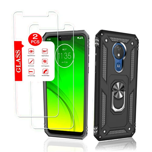 Anvzle for Motorola Moto G7 Power Case with [2 Pack] Tempered Glass Screen Protector, for Moto G7 Power Case Heavy Duty Armor [Military-Grade] Protective，with Magnetic Ring Stand Phone Cover (Black)