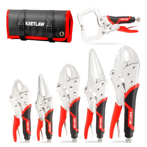 KRETLAW Vice Grips Pliers Set, 6-Piece Locking Pliers Set, 6-1/2”&9-1/2” Long Nose Locking Pliers, 5”, 7” and 10” Curved Jaw Vise Grip Pliers, 6” C-clamp with Rolling Pouch