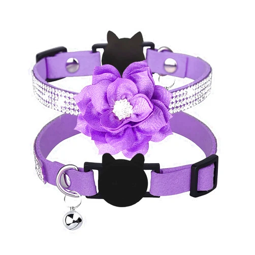 IDOLPET Cat Collar Bling Diamond Breakaway Cat Collar with Bell Rhinestones Pet Collars with Soft Velvet Adjustable Shine Collar for Cats Girls and Small Dogs Puppy (Purple)