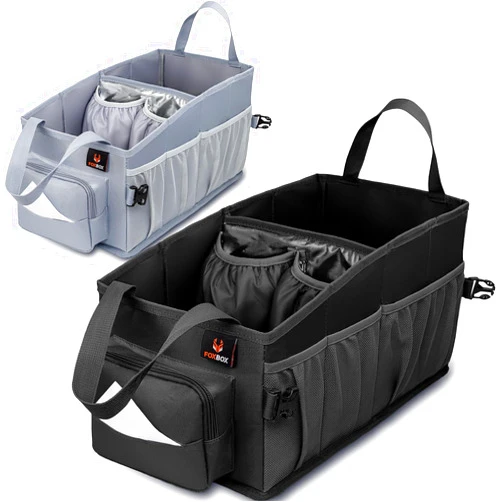 FoxBox Easy-to-Reach Kids Car Organizer with Tissue Box and Cup Holder for Back Seat, Front Seat, Between Seats, Floor - Tote Car Storage Organization for Toddlers - Kids Road Trip Travel Essentials (Black)