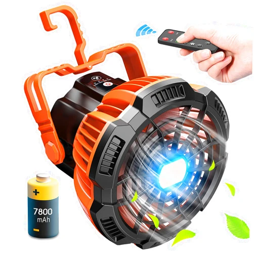 Drchop Camping Fan with LED Lantern, Rechargeable Battery Powered Fan, Portable Tent Fan with Remote Control, 25H Working Time, Battery Operated Fan, 180°Head Rotation, Outdoor travel Fan, Ceiling Fan