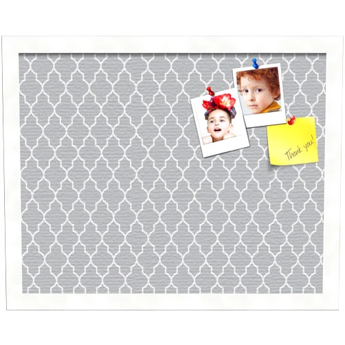 PinPix 18x14 Custom Cork Bulletin Board Quatrefoil Grey Poster Board with a Canvas Style Photo Board, Framed in Satin White Frame (PinPix-284)