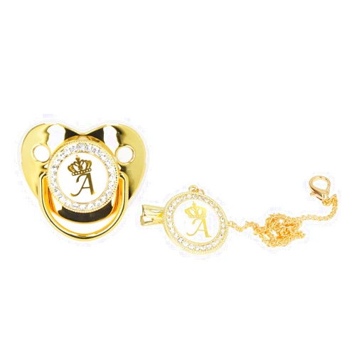 GLOGLOW Golden Letter Baby Pacifier, Personalized Bling Pacifier with Pacifier Clips and Anti-Dust Cover for Baby Shower Newborn Birthday Photography(Letter A)