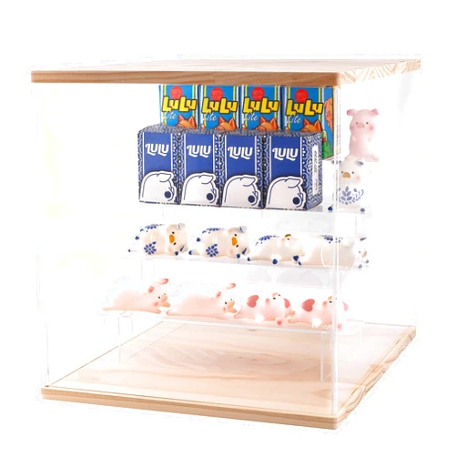 Nynelly 5 Tier Clear Acrylic Display Case Stand Assemble Countertop Box Storage Cube Organizer Dustproof Protection Showcase for Action Pop Figures Collectibles Toys,Transparent Steps,Walnut