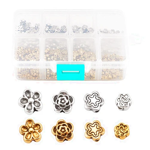 PH PandaHall Pandahall 400pcs 4styles Tibetan Flower Bead Spacers Charms Assorted Mini Metal Petal Floral Beads Antique Silver & Antique Golden for Women Bracelets Earrings Jewelry Makings Supplies