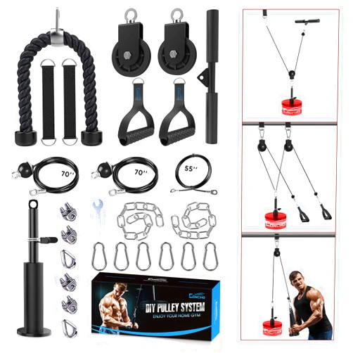 Concho Cable Pulley System Gym, Upgraded Weight Pulley System with 3 Detachable Handles, LAT and Lift Pulley Attachments for Biceps Curl, Triceps, Chest Workout - DIY Home Gym Fitness Equipment