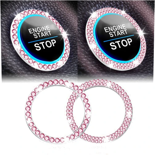 LivTee 2 PCS Crystal Combinatorial Rhinestone Car Engine Start Decoration Ring, Push to Start Button Cover/Sticker, Bling Car Interior Accessories for Women, Key Ignition&Knob Bling Ring, Pink